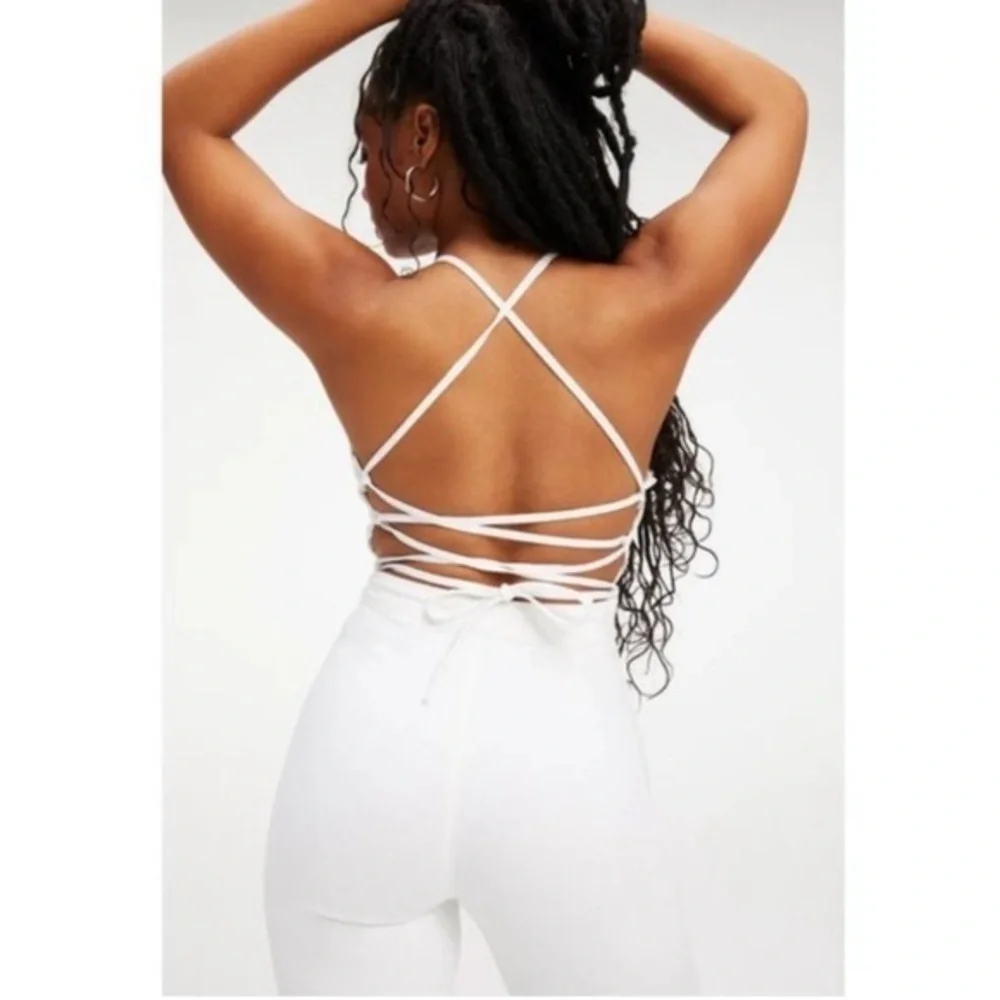 Good American Vacay Lace-Up Stretch Denim Jumpsuit in White001_4